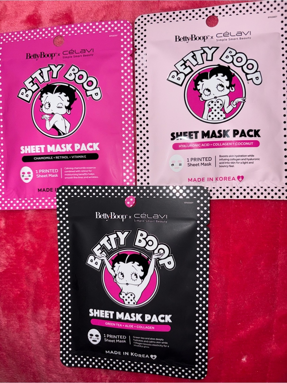 Betty Boop Pink, Light Pink & Black Sheet Mask Trio